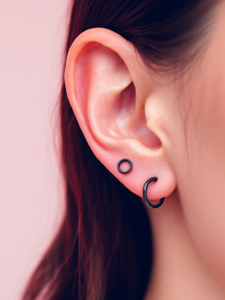 Black Small Thin Hoop Hinged Stainless Steel Earrings