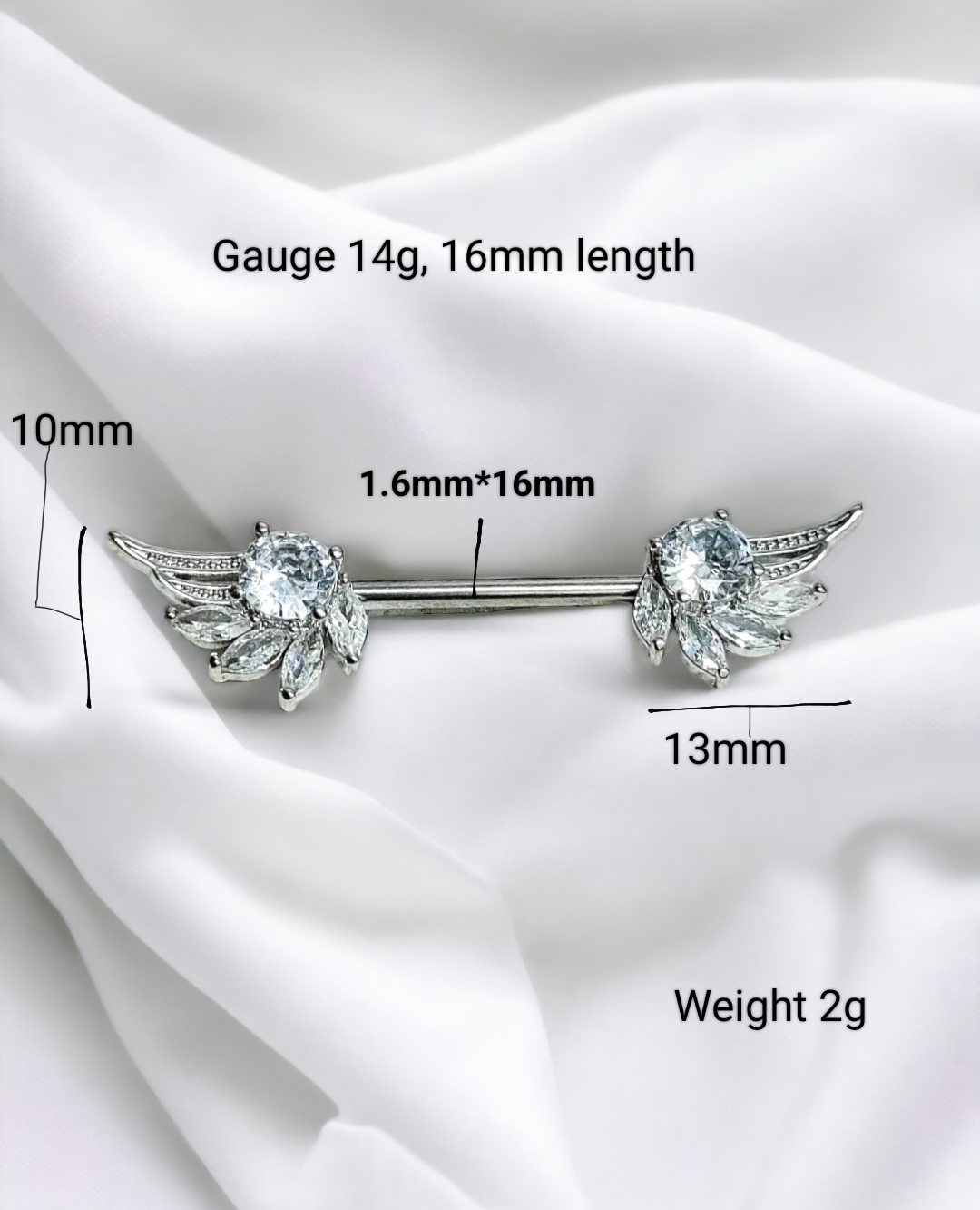 316L Surgical steel barbell angel wing with crystal nipple rings MK Trendy