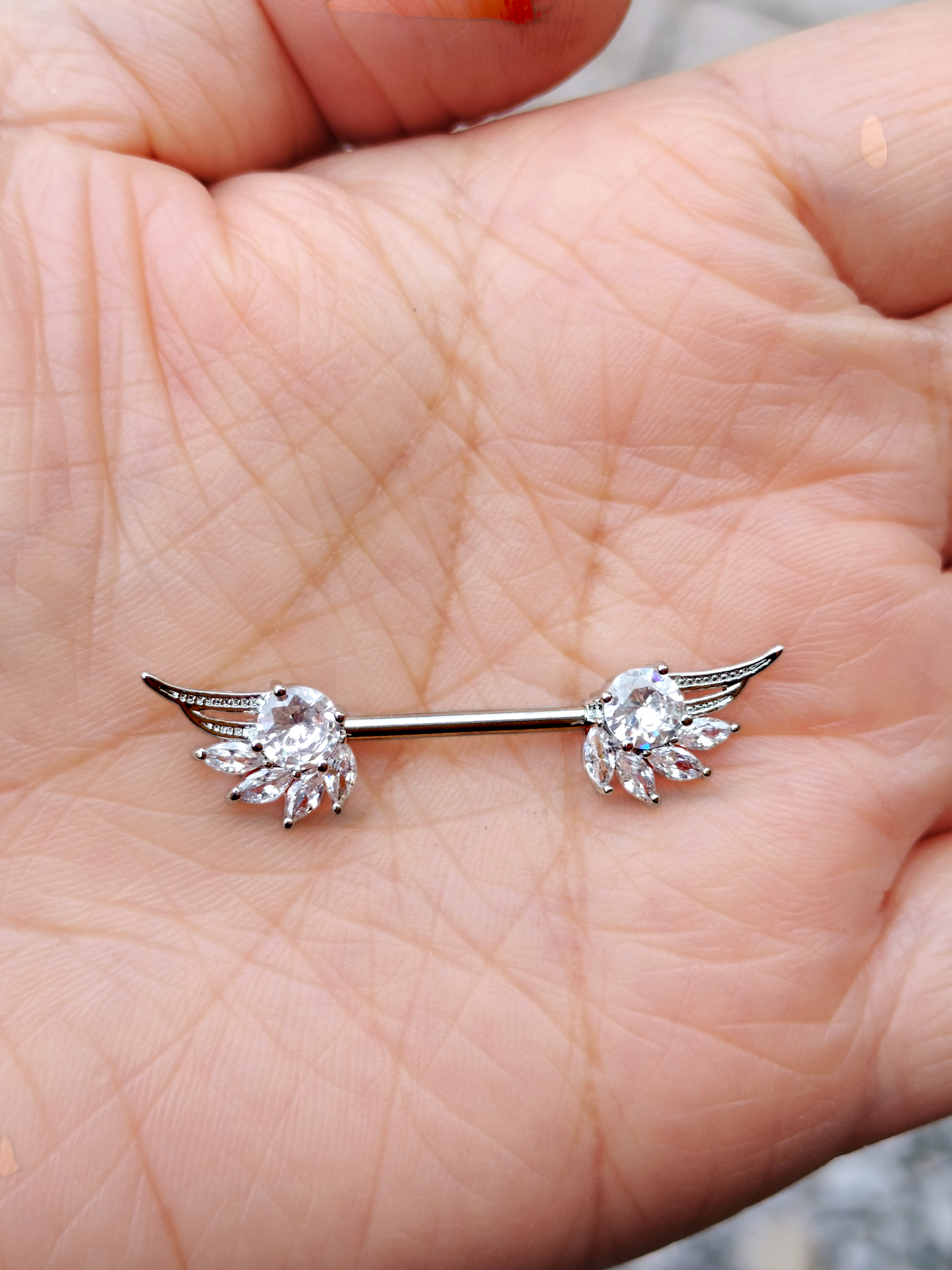 316L Surgical steel barbell angel wing with crystal nipple rings MK Trendy