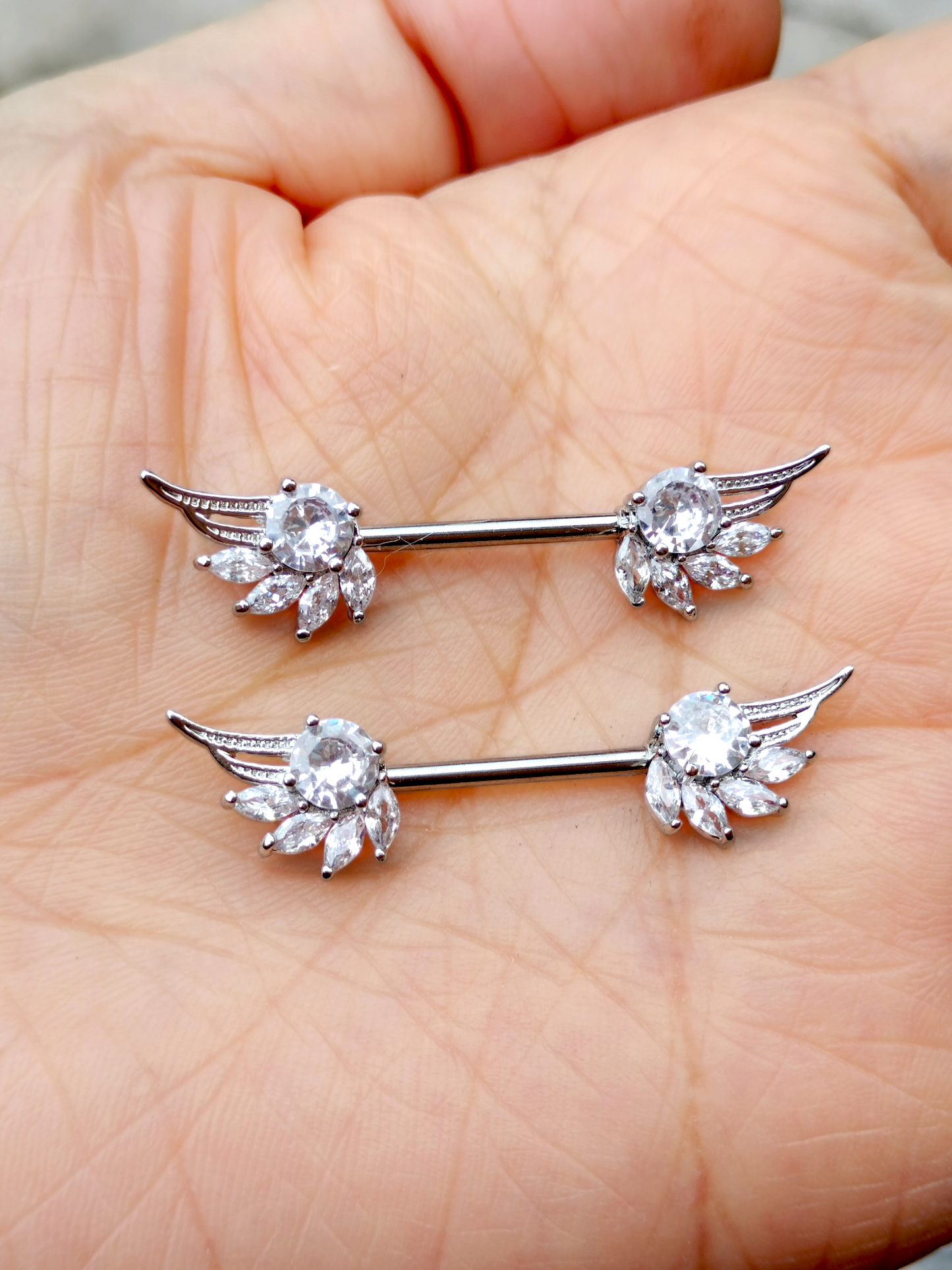 316L Surgical steel barbell angel wing with crystal nipple rings MK Trendy