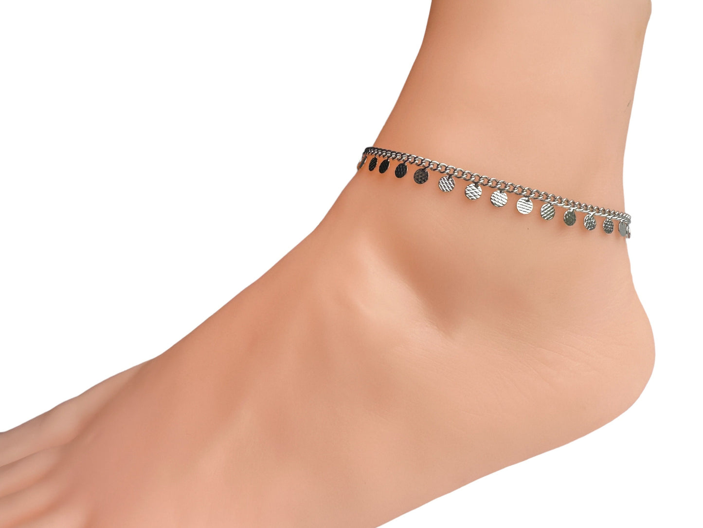 925 Anklet Silver Plated Round Shape Pendant Chain, Vintage Style