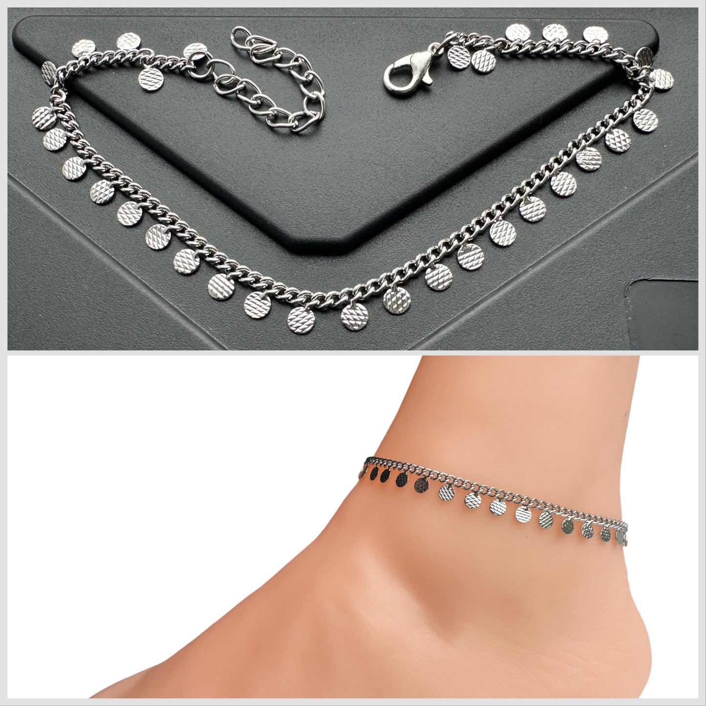 925 Anklet Silver Plated Round Shape Pendant Chain, Vintage Style
