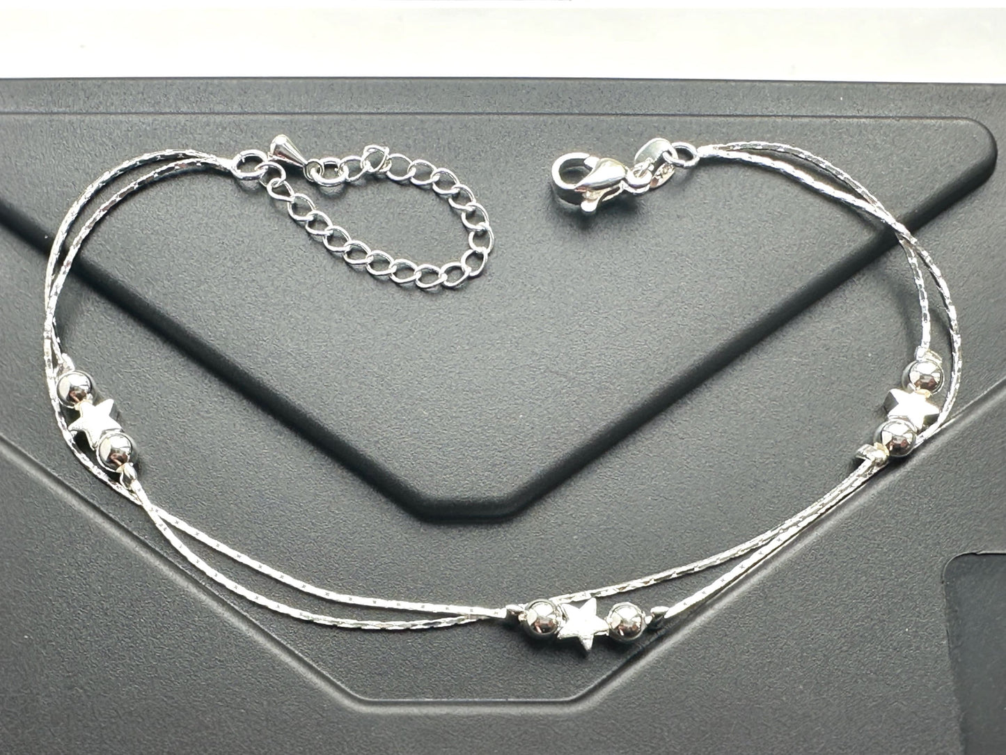 Heart Anklet Sterling Silver Double Layer Anklet Bracelet, Boho Beach Jewellery , Silver Anklet