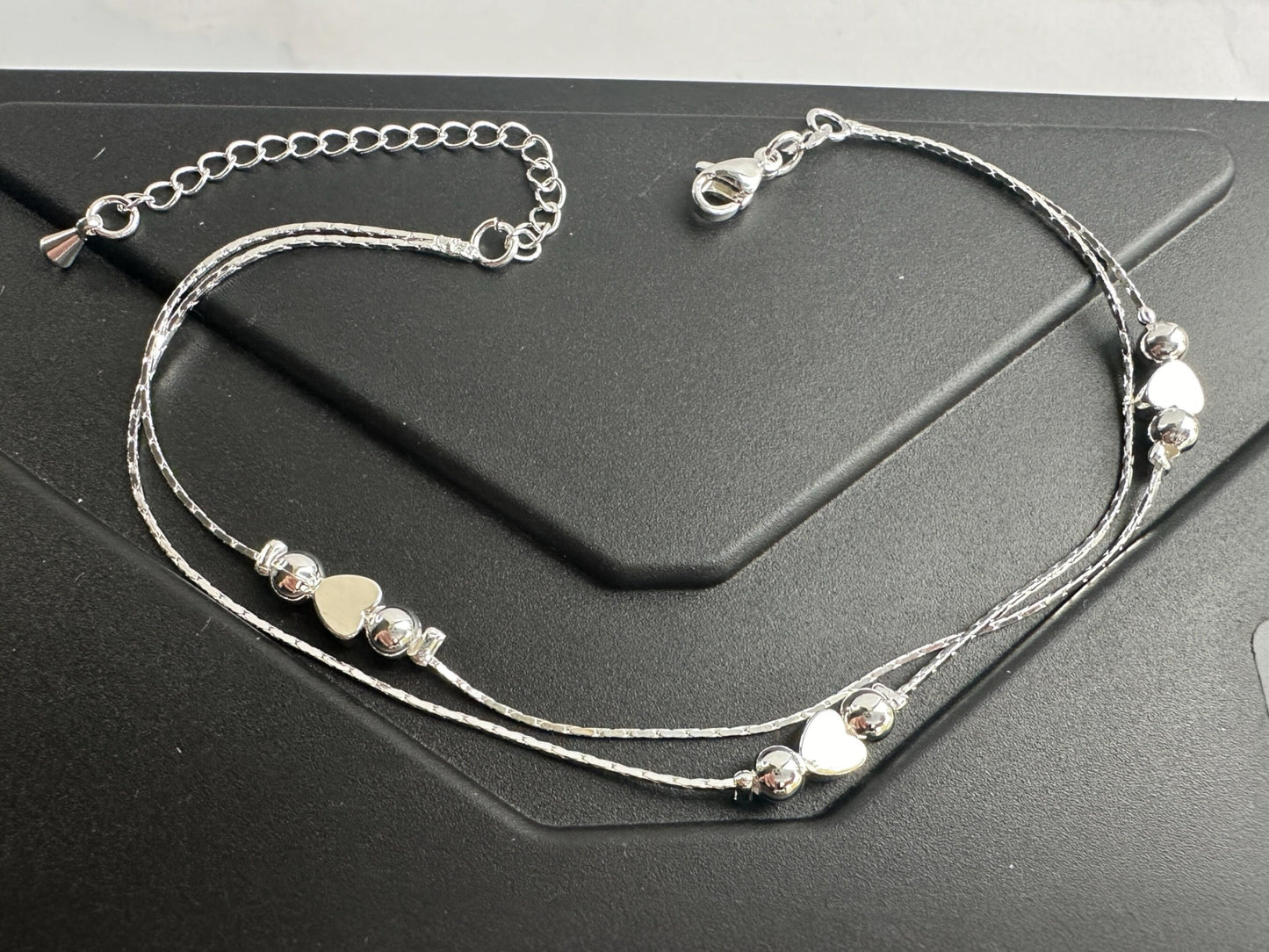 Heart Anklet Sterling Silver Double Layer Anklet Bracelet, Boho Beach Jewellery , Silver Anklet