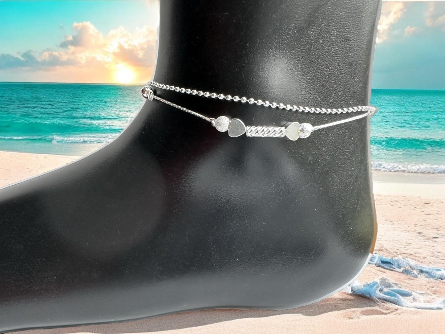 Heart Anklet Sterling Silver Double Layer Anklet Bracelet, Boho Beach Jewellery , Silver Anklet