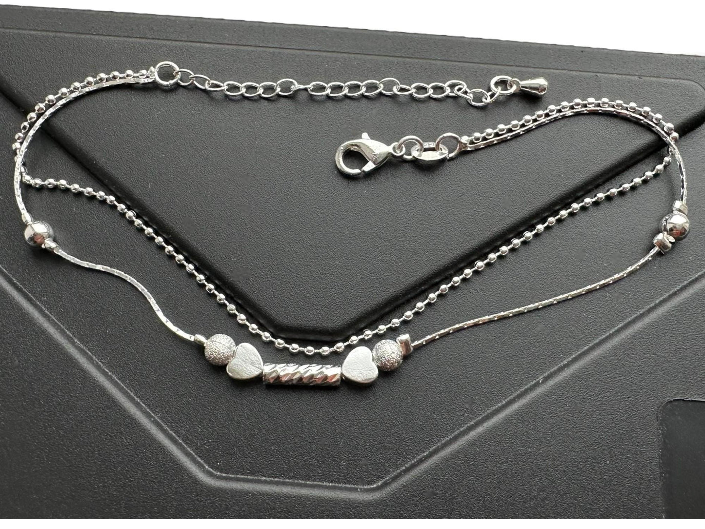 Heart Anklet Sterling Silver Double Layer Anklet Bracelet, Boho Beach Jewellery , Silver Anklet