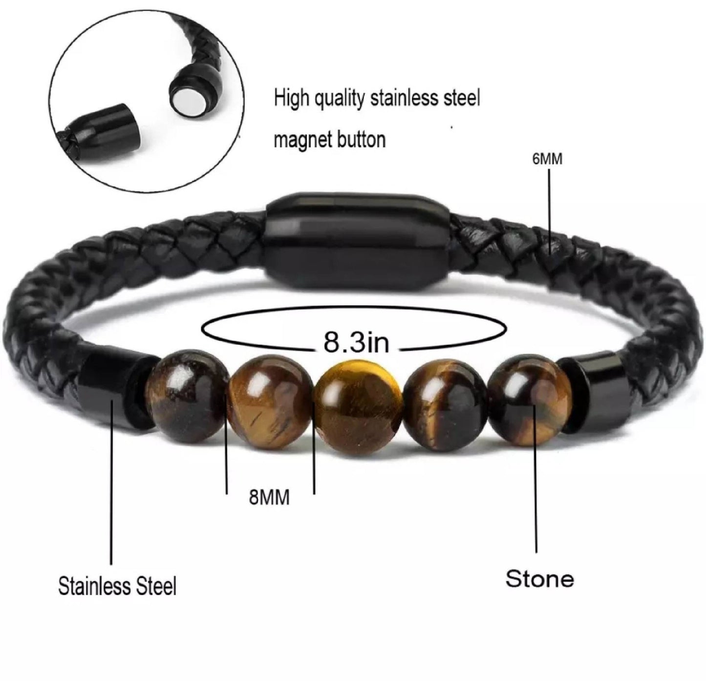 Black Leather Magnetic Bracelet With Tiger Eyes Stone for Men / Women MK Trendy