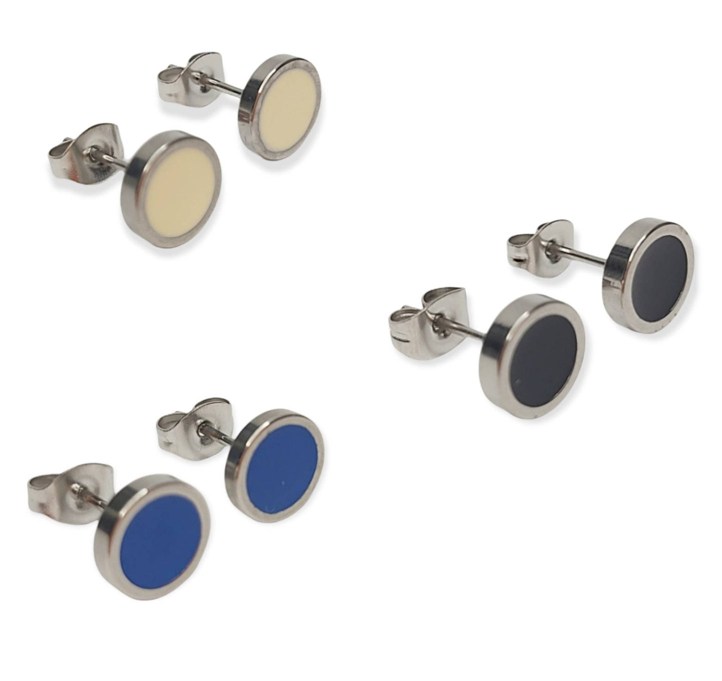 Round Black, Blue, White Silver Stud Old Style Earrings MK Trendy