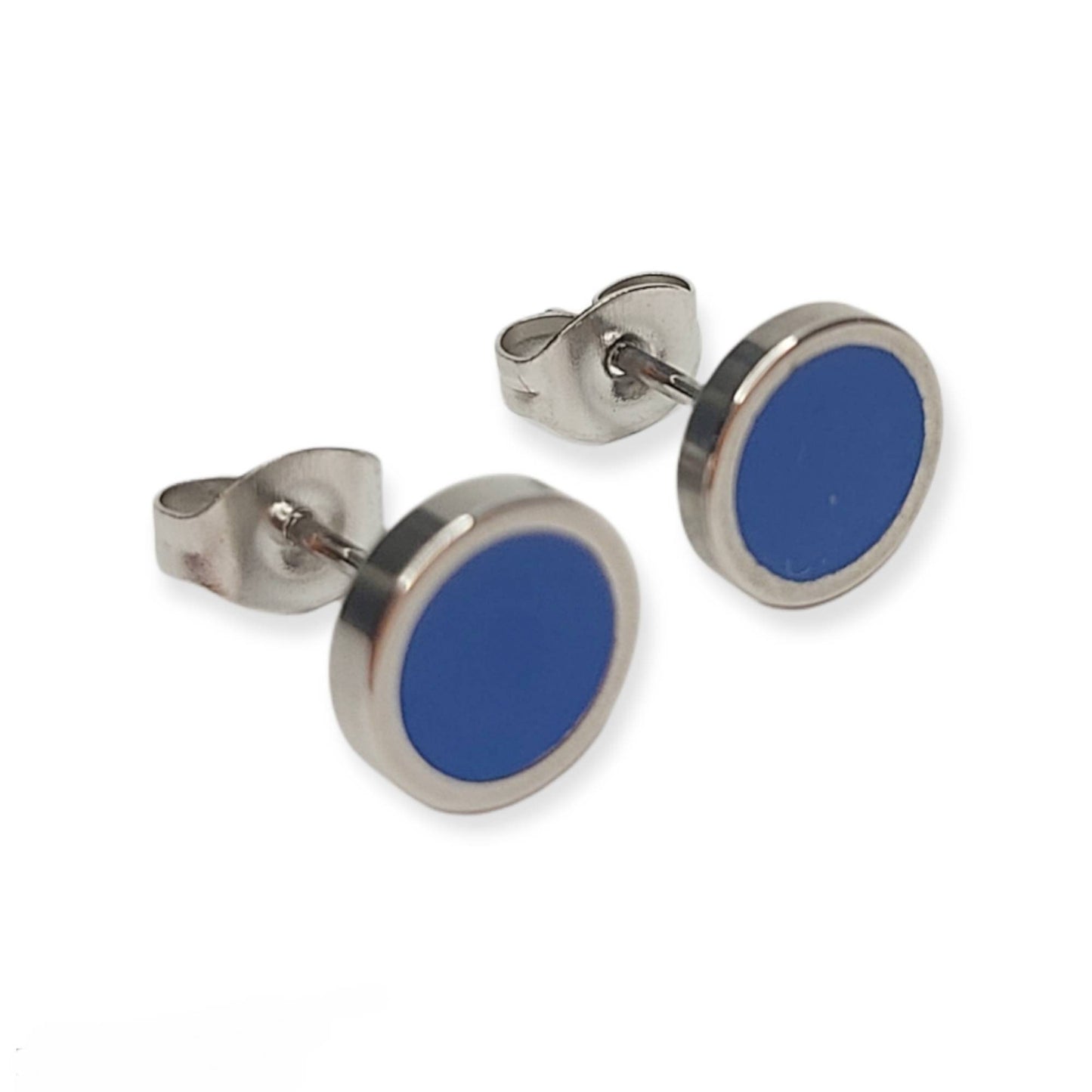 Round Black, Blue, White Silver Stud Old Style Earrings MK Trendy
