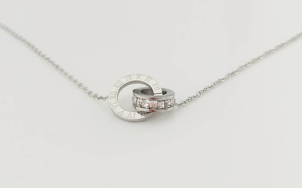 Roman number infinity round crystal pendant high polished necklace MK Trendy