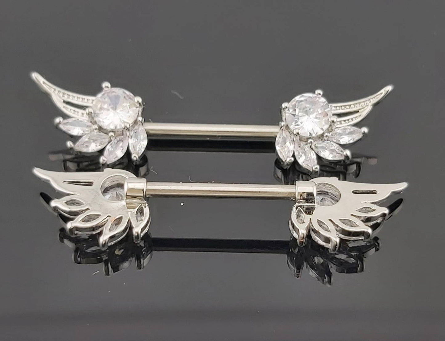 316L Surgical steel barbell angel wing with crystal nipple rings MK Trendy