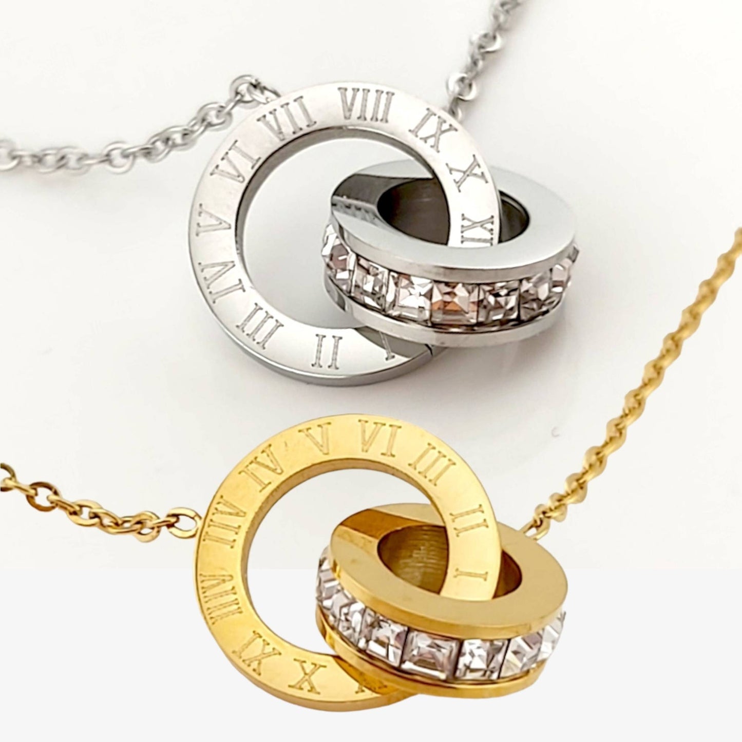 Roman number infinity round crystal pendant high polished necklace MK Trendy