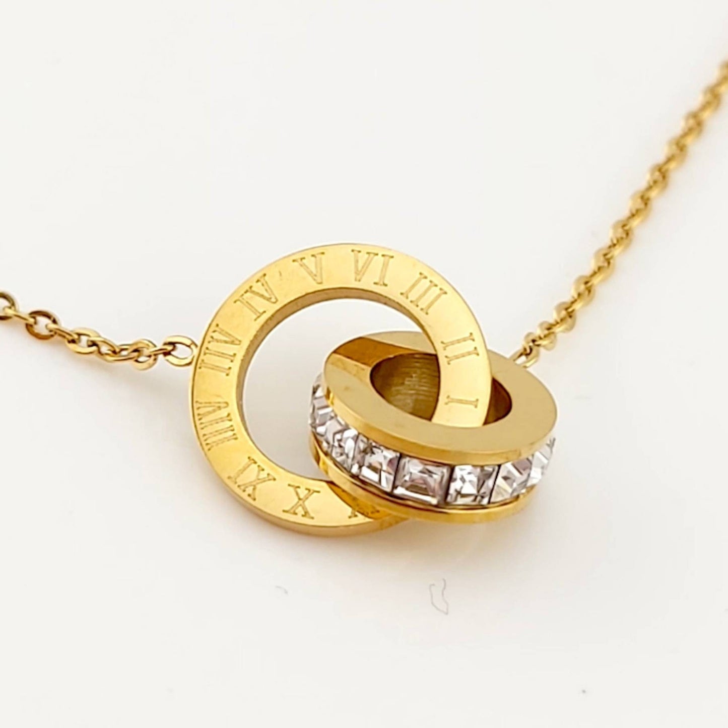 Roman number infinity round crystal pendant high polished necklace MK Trendy