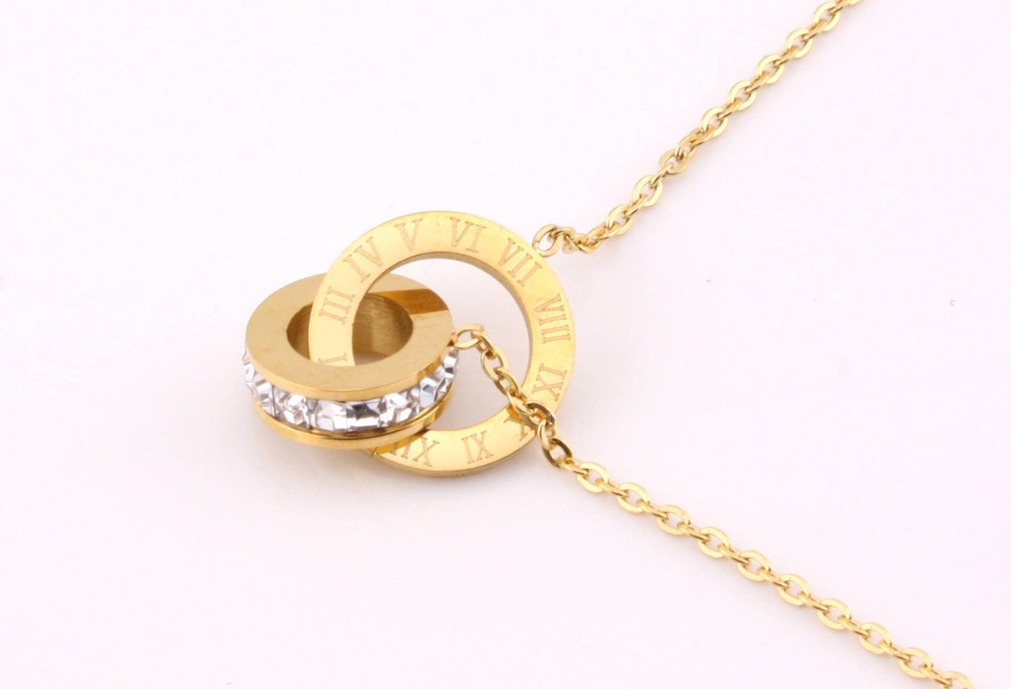 Roman number infinity round crystal pendant high polished necklace MK Trendy