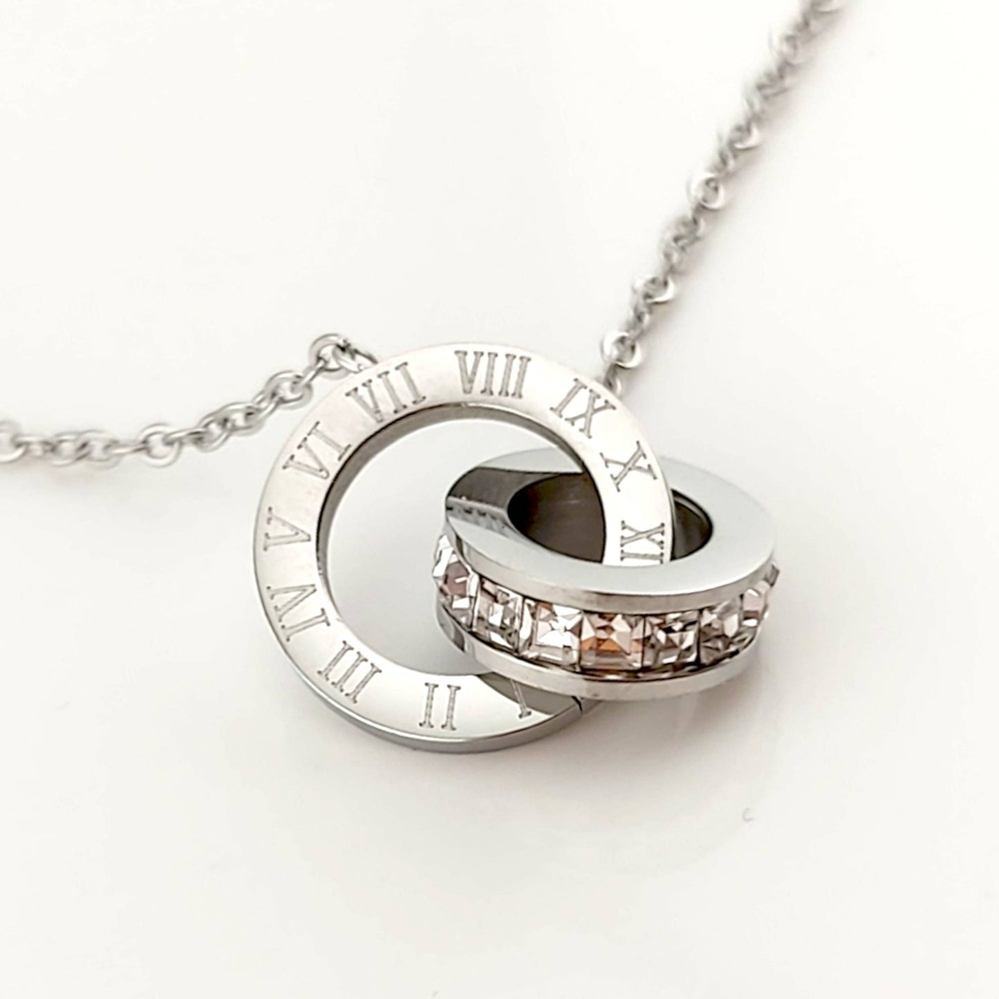 Roman number infinity round crystal pendant high polished necklace MK Trendy