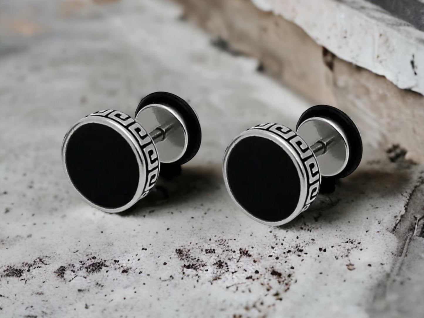 Black Silver stud earring with Greece key design stud earring in stainless steel MK Trendy