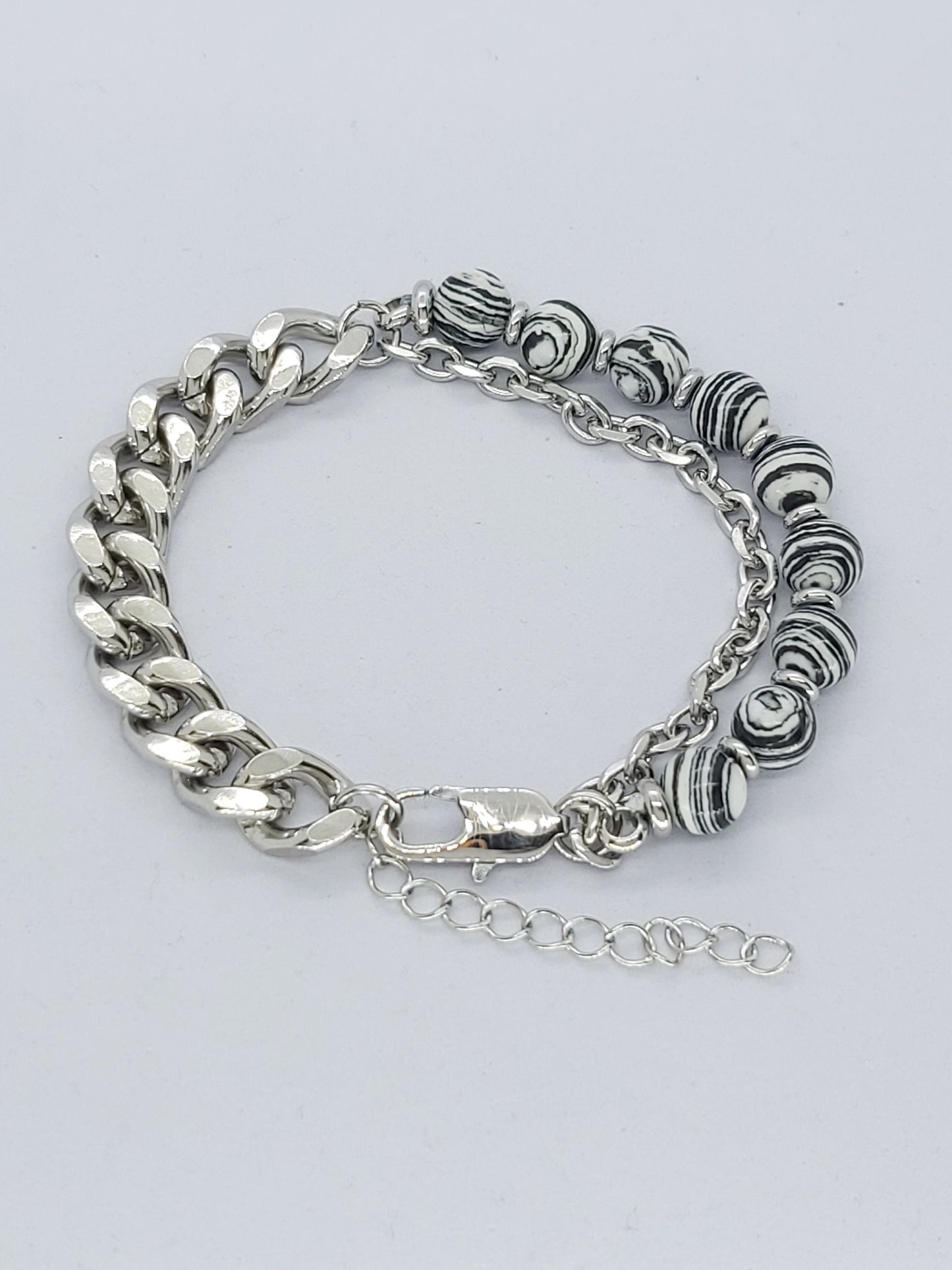 8mm Zebra Agate Beaded & stainless steel chain bracelet MK Trendy