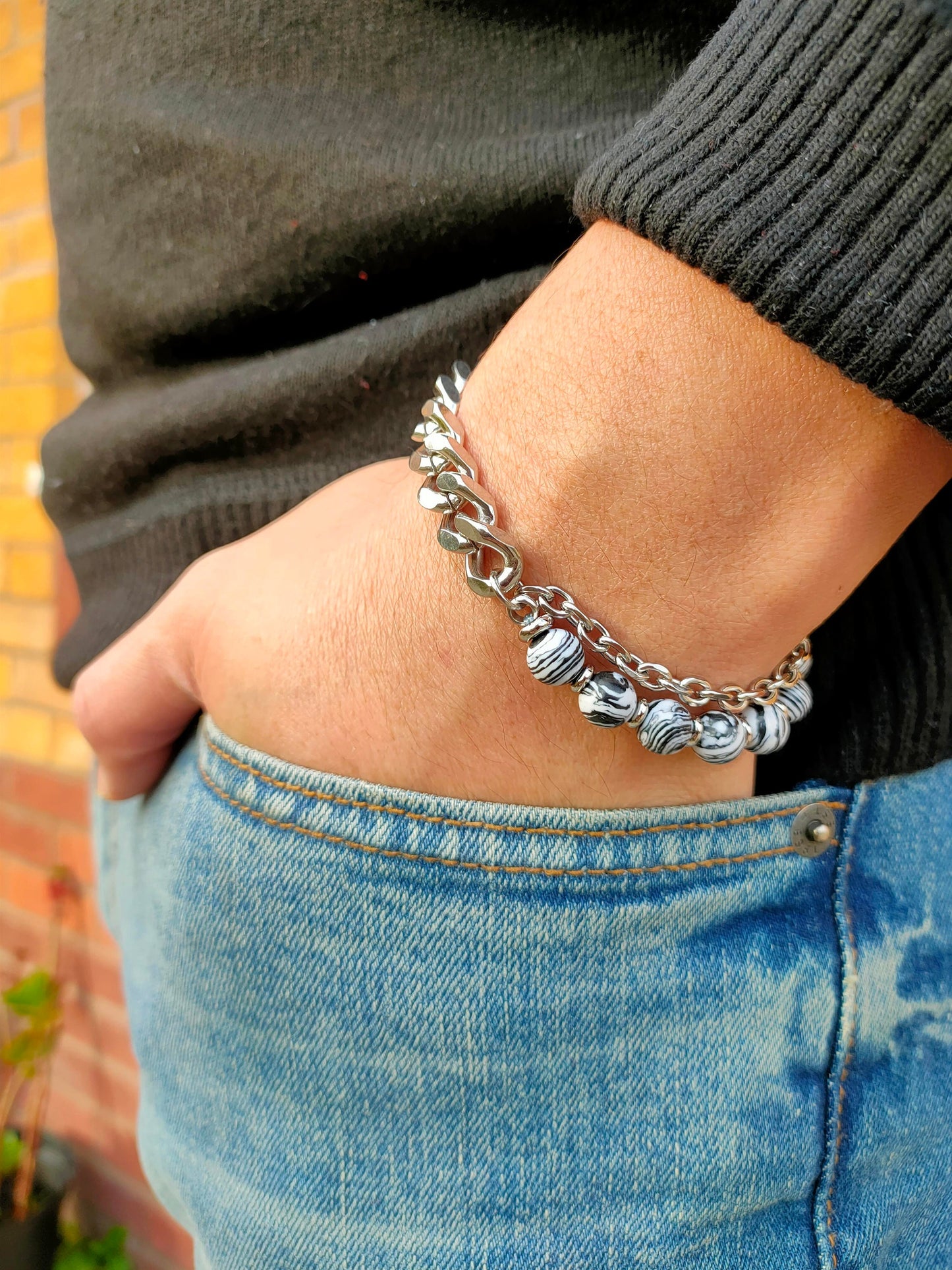 8mm Zebra Agate Beaded & stainless steel chain bracelet MK Trendy