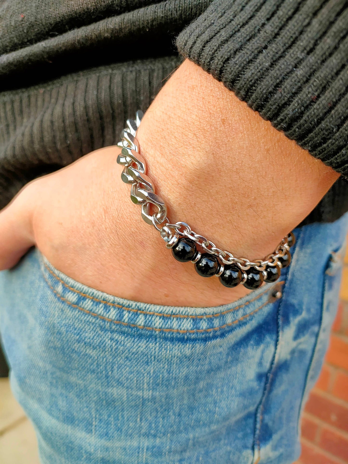 Black Onyx 8mm Beaded & stainless steel chain bracelet MK Trendy