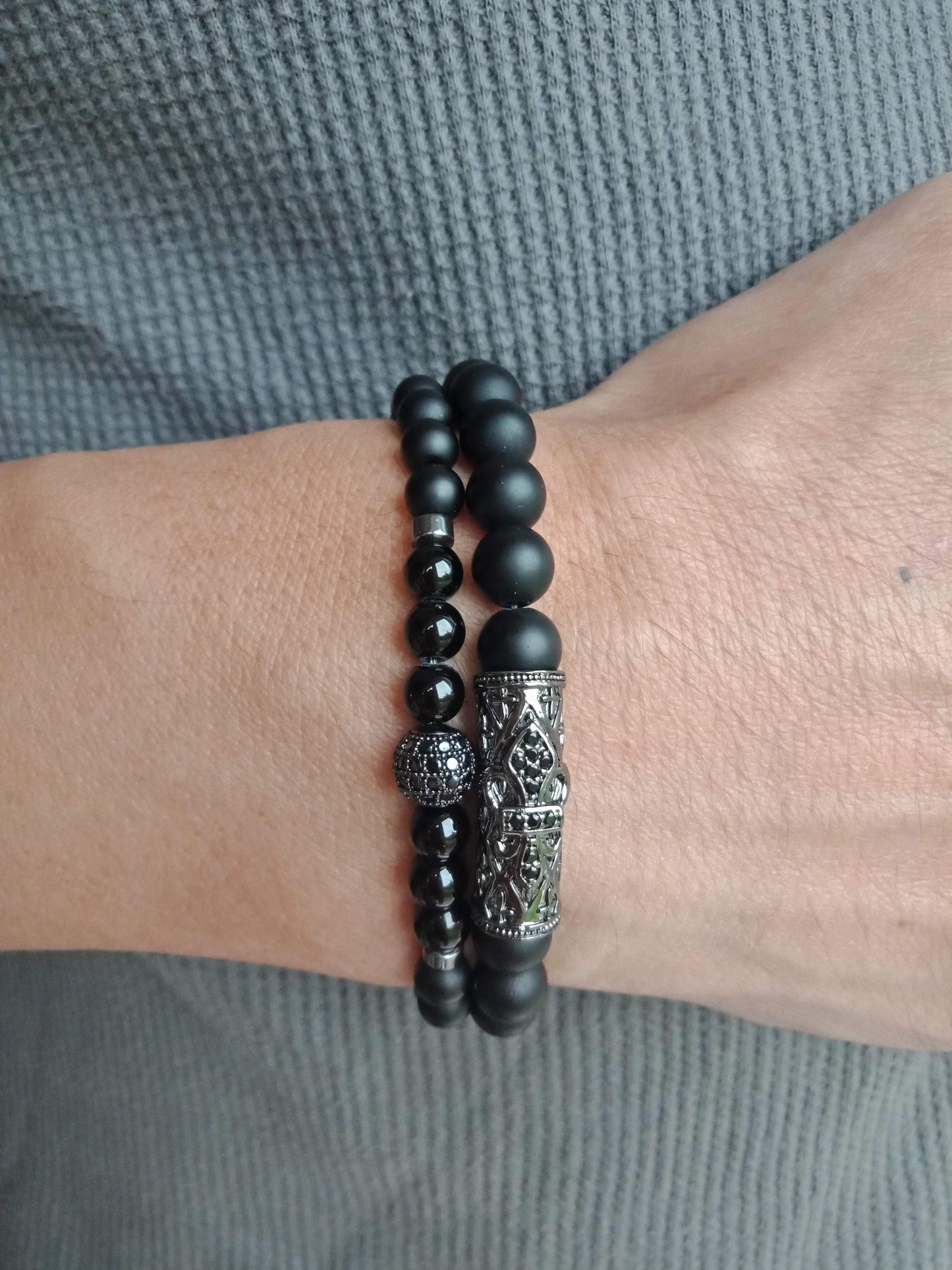 2pcs Set Natural Gemstone Onyx Beaded with ball stainless steel bracelet Men Women MK Trendy