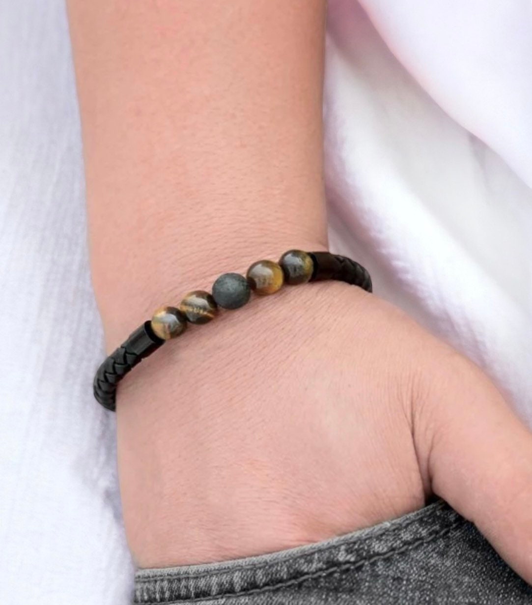 Black Leather Magnetic Bracelet With Tiger Eyes Stone for Men / Women MK Trendy
