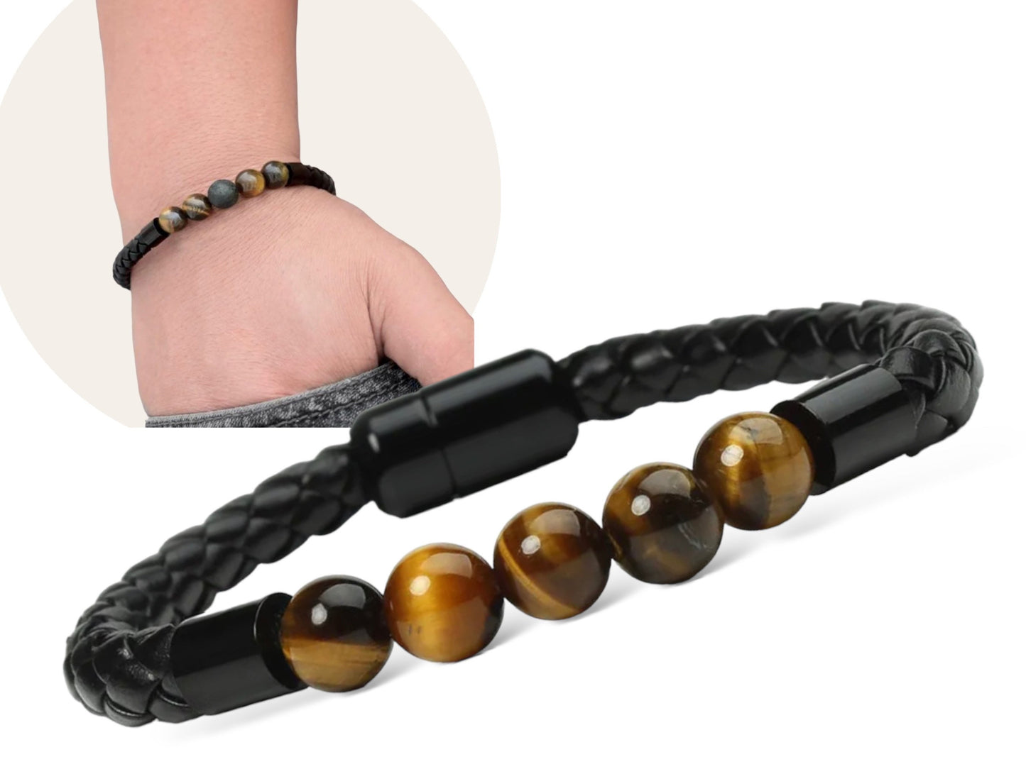 Black Leather Magnetic Bracelet With Tiger Eyes Stone for Men / Women MK Trendy