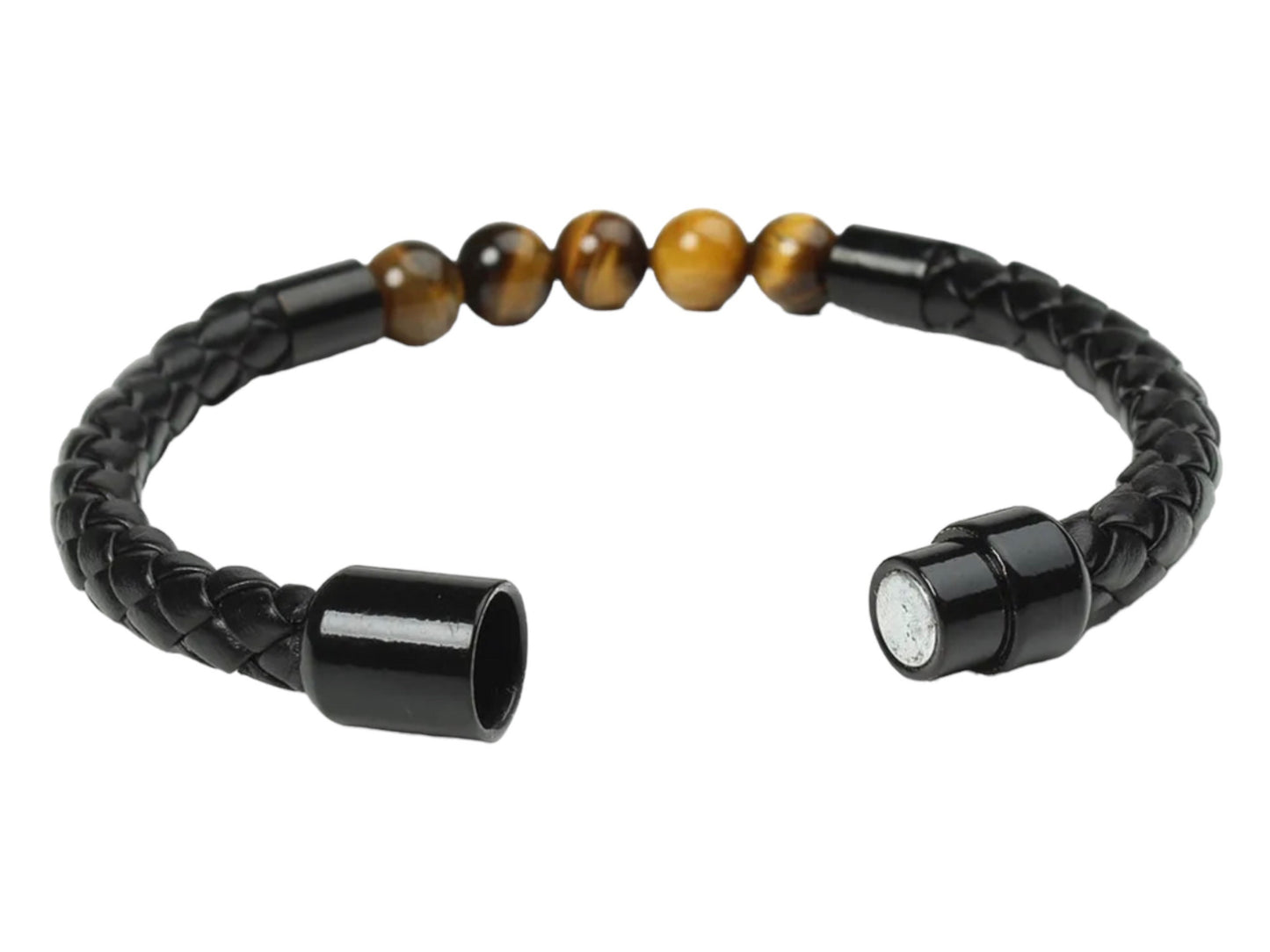 Black Leather Magnetic Bracelet With Tiger Eyes Stone for Men / Women MK Trendy