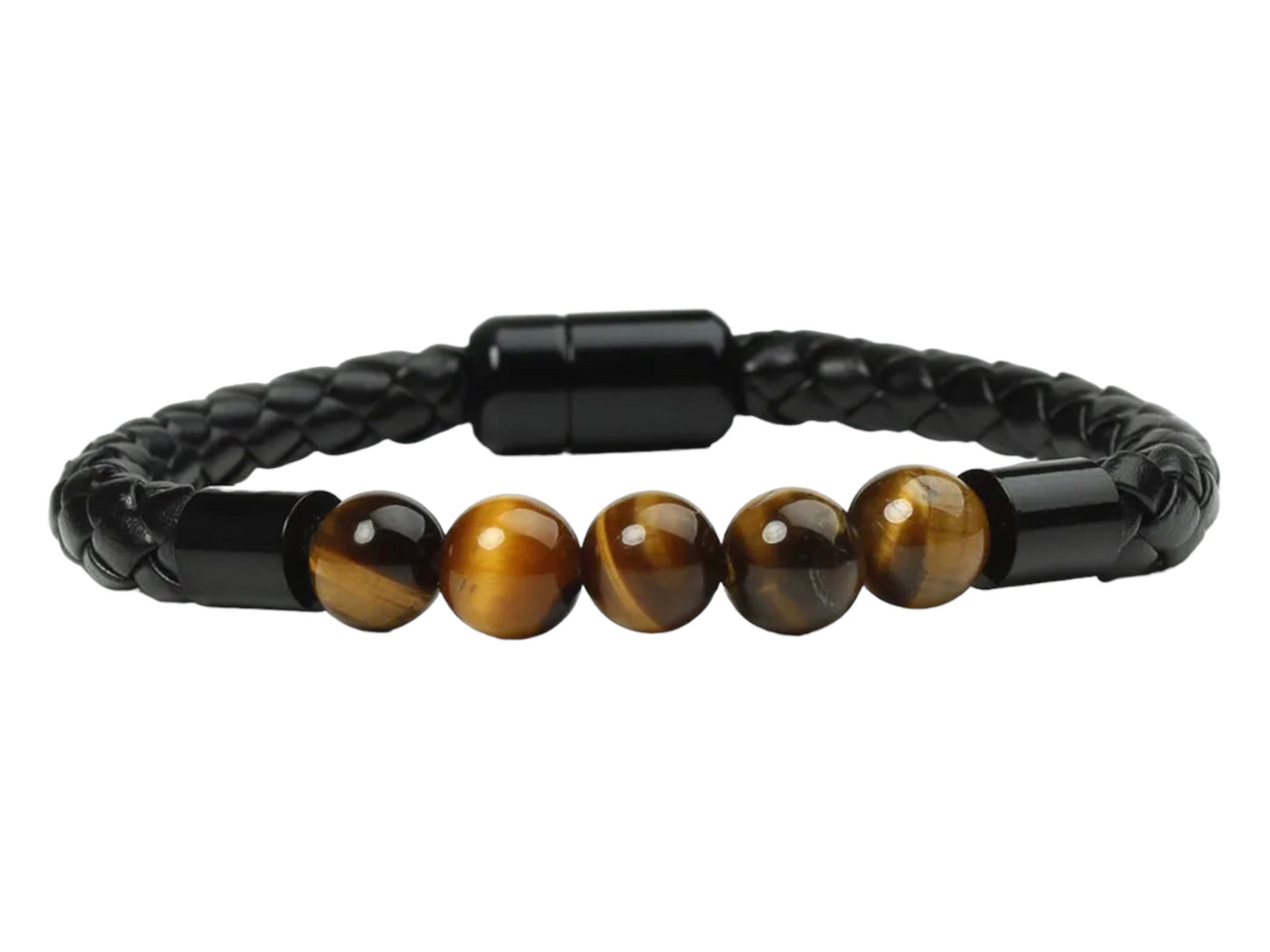 Black Leather Magnetic Bracelet With Tiger Eyes Stone for Men / Women MK Trendy