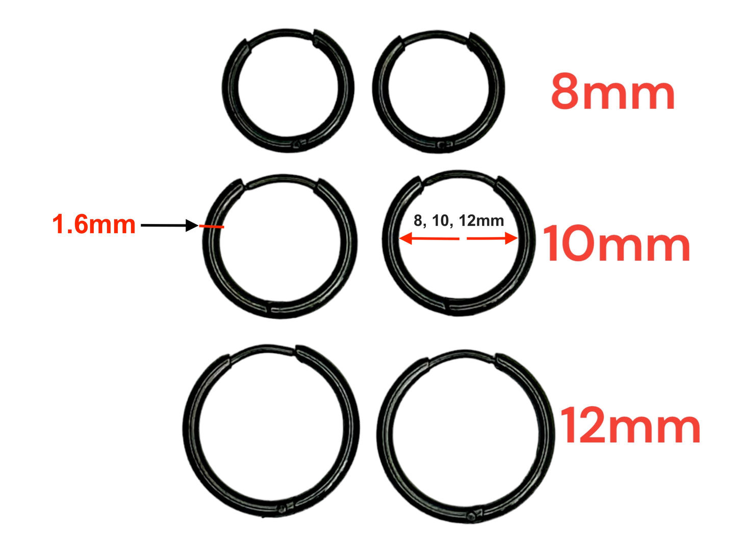 Small Thin Black Hoop Hinged Earrings High Polished Hypoallergenic Surgical Steel Women / Men