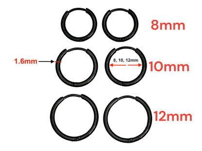 Small Thin Black Hoop Hinged Earrings High Polished Hypoallergenic Surgical Steel Women / Men