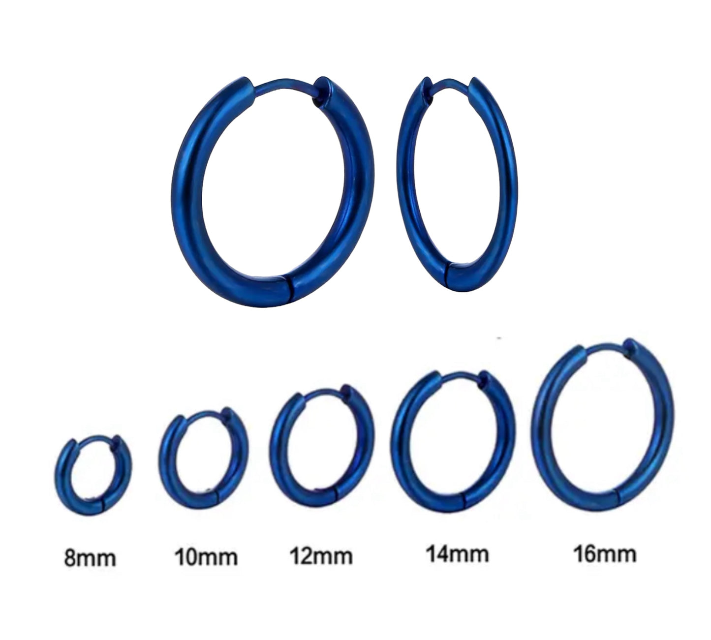 Blue 5 Pair Sets Hoop Earrings Stainless Steel Hinged Women / Men Earrings *8,10,12,14&16mm*