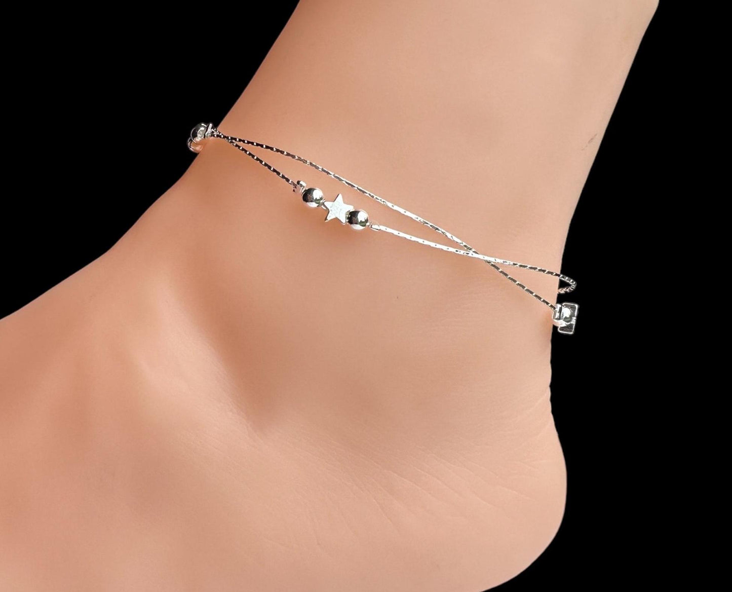 Stars & Hearts Anklet 925 Sterling Silver Boho Beach Foot chain Bracelet Gift for her