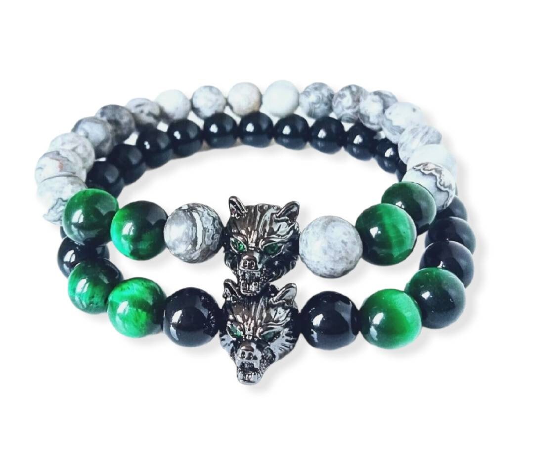 Healing Wolf Obsidian Stone Tigers Eye Natural Gemstone Beaded Bracelets Men / Women