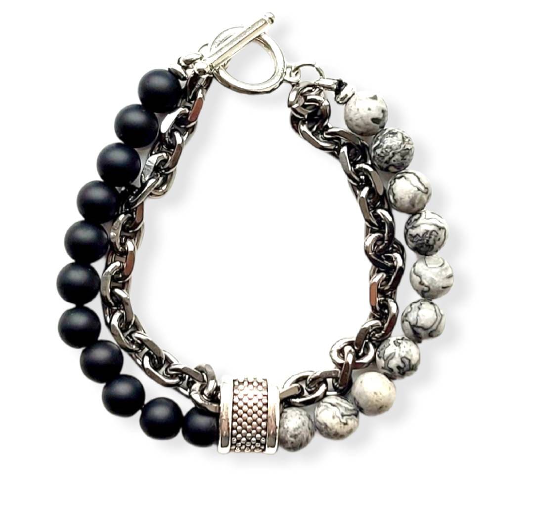 Natural Relaxed Healing Stone Beads Men Bracelets With Stainless Steel Chain