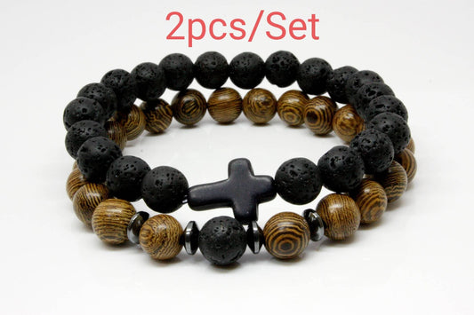 Hematite Beads with Cross Lava  Bracelets and Wooden Bracelet Men / Women