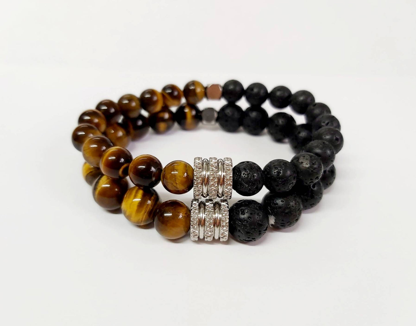 Natural Tiger Eye & Lava Spiritual Energy Healing Yoga 8mm / 10mm Beaded Bracelet.