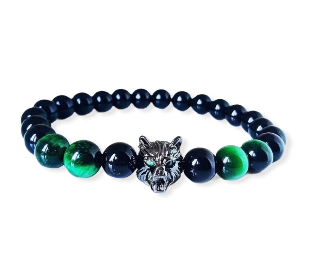 Healing Wolf Obsidian Stone Tigers Eye Natural Gemstone Beaded Bracelets Men / Women