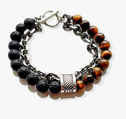 Natural Relaxed Healing Stone Beads Men Bracelets With Stainless Steel Chain