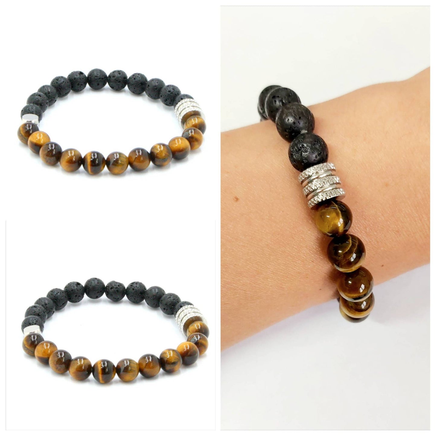 Natural Tiger Eye & Lava Spiritual Energy Healing Yoga 8mm / 10mm Beaded Bracelet.