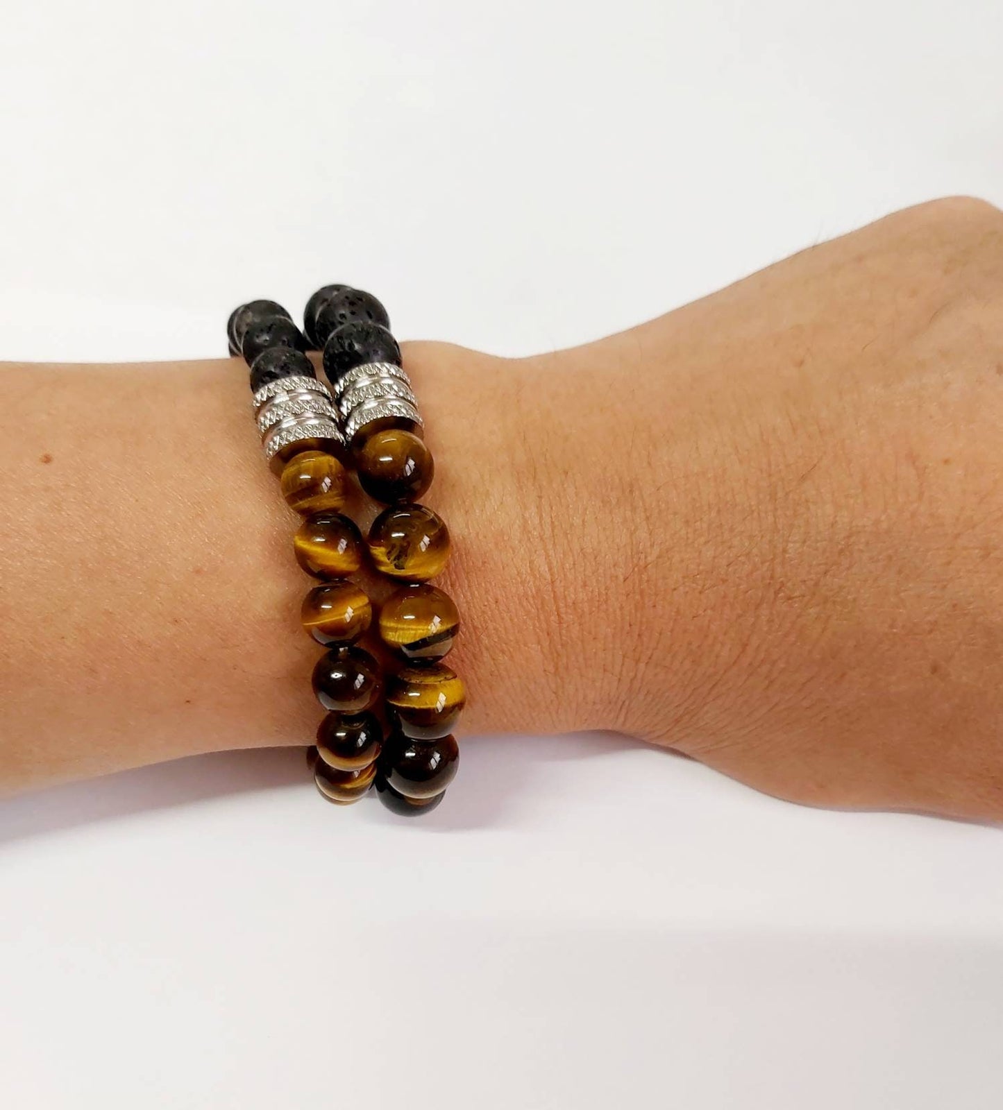 Natural Tiger Eye & Lava Spiritual Energy Healing Yoga 8mm / 10mm Beaded Bracelet.