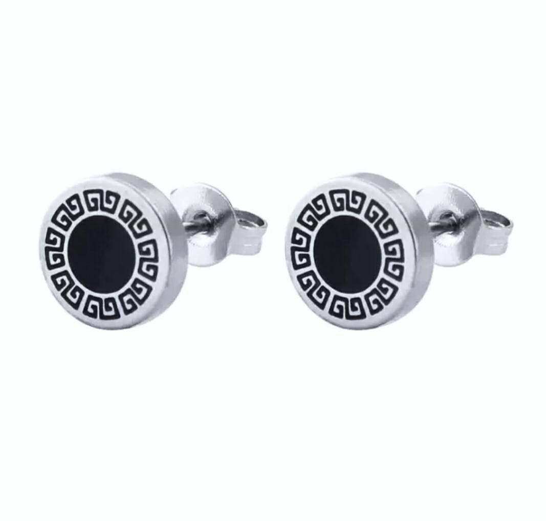 Greek Key Pattern and Black Enamel 8mm & 10mm Stud Earrings Stainless Steel