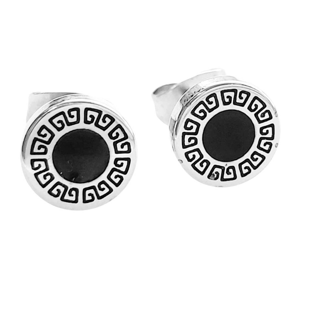 Greek Key Pattern and Black Enamel 8mm & 10mm Stud Earrings Stainless Steel