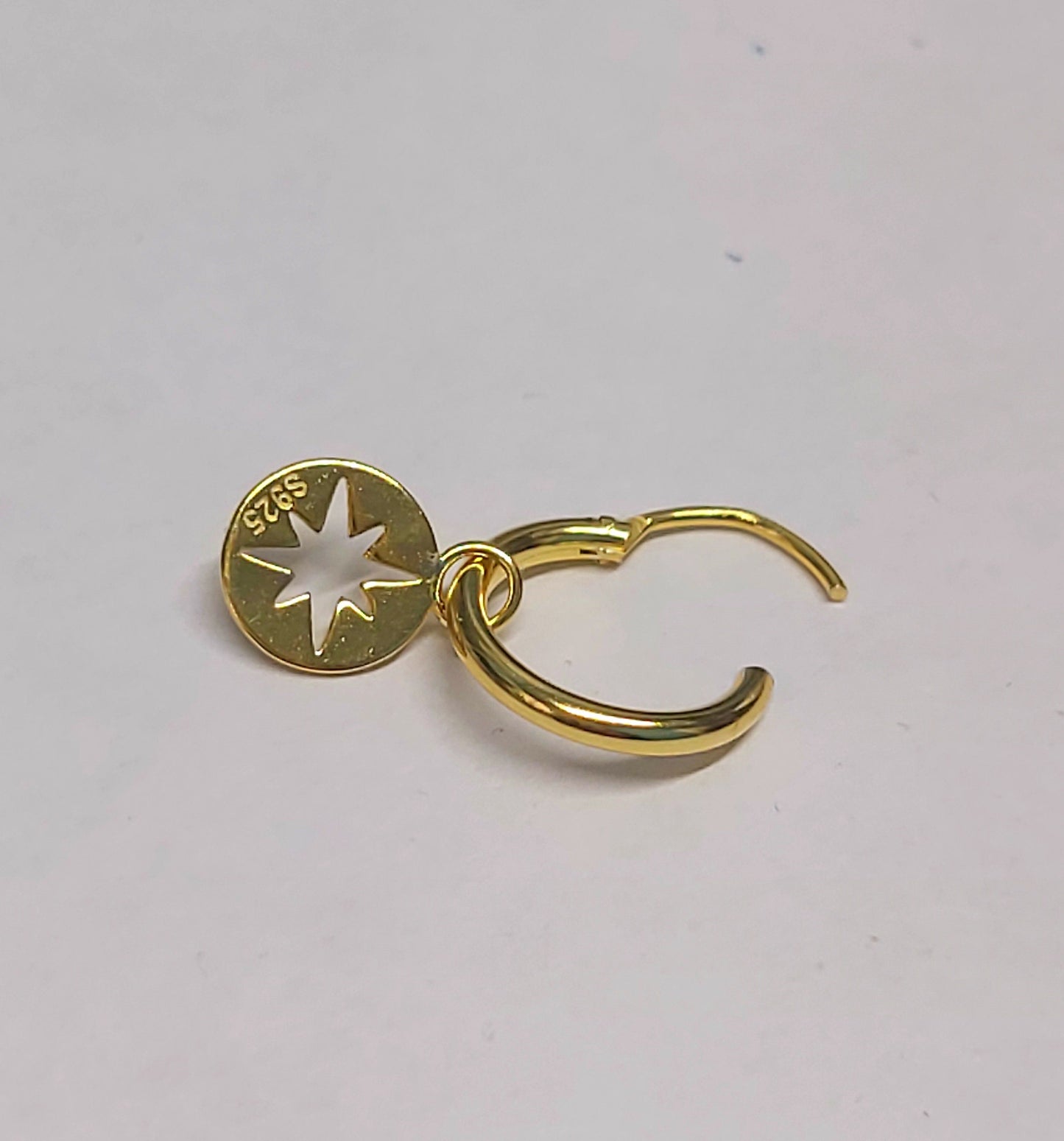 Genuine 925 Starling Silver with 14K Gold Plated Star Dangle Hoop Earrings