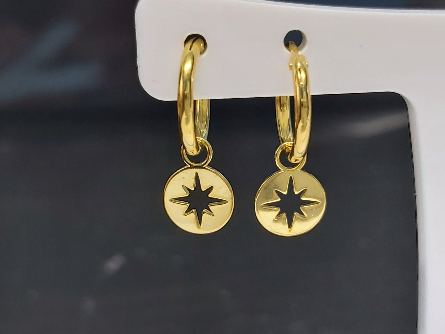 Genuine 925 Starling Silver with 14K Gold Plated Star Dangle Hoop Earrings