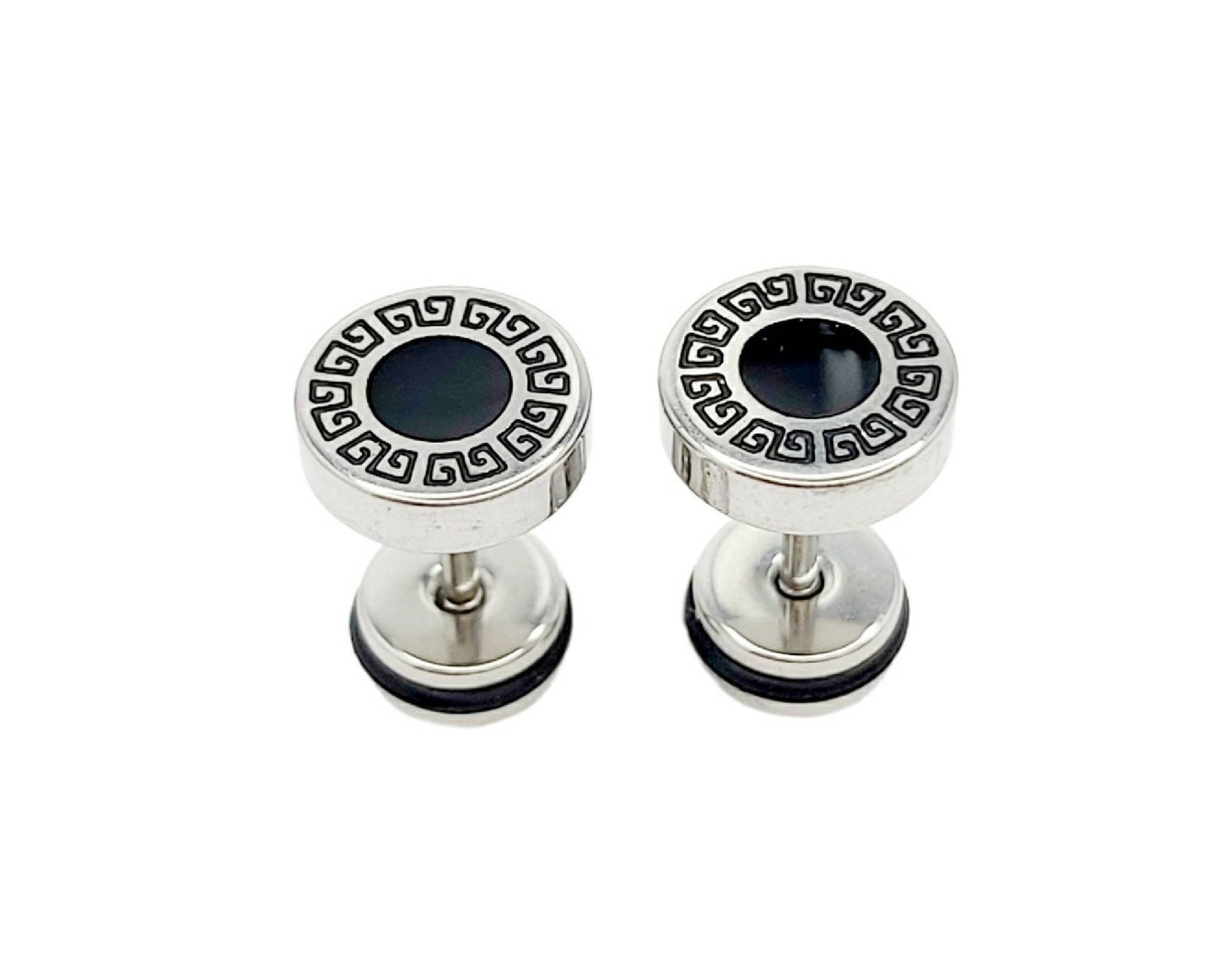 Greek Key Pattern and Black Enamel 8mm & 10mm Stud Earrings Stainless Steel