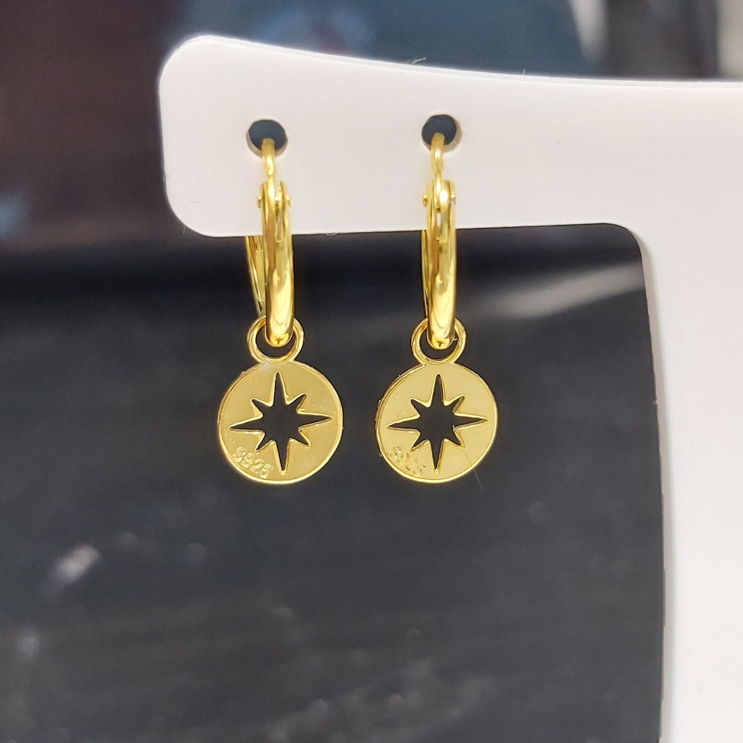 Genuine 925 Starling Silver with 14K Gold Plated Star Dangle Hoop Earrings