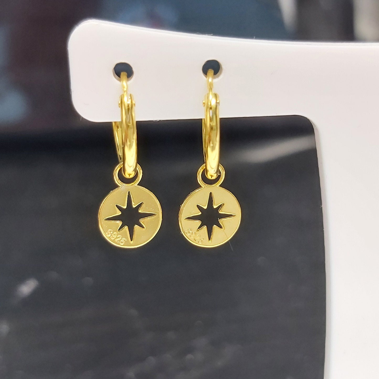 Genuine 925 Starling Silver with 14K Gold Plated Star Dangle Hoop Earrings