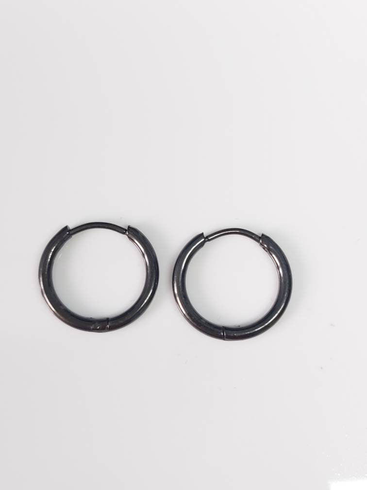 Small Thin Black Hoop Hinged Earrings High Polished Hypoallergenic Surgical Steel Women / Men