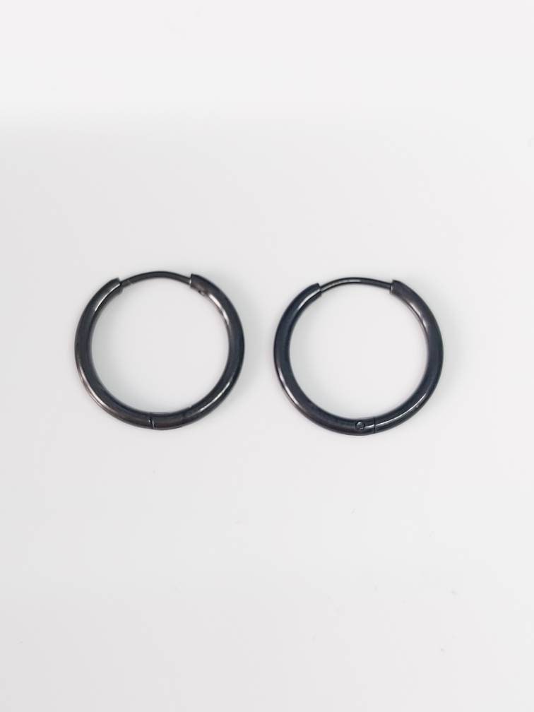 Small Thin Black Hoop Hinged Earrings High Polished Hypoallergenic Surgical Steel Women / Men