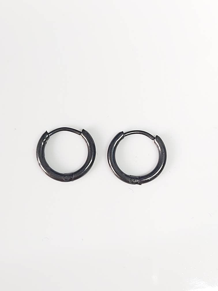 Small Thin Black Hoop Hinged Earrings High Polished Hypoallergenic Surgical Steel Women / Men